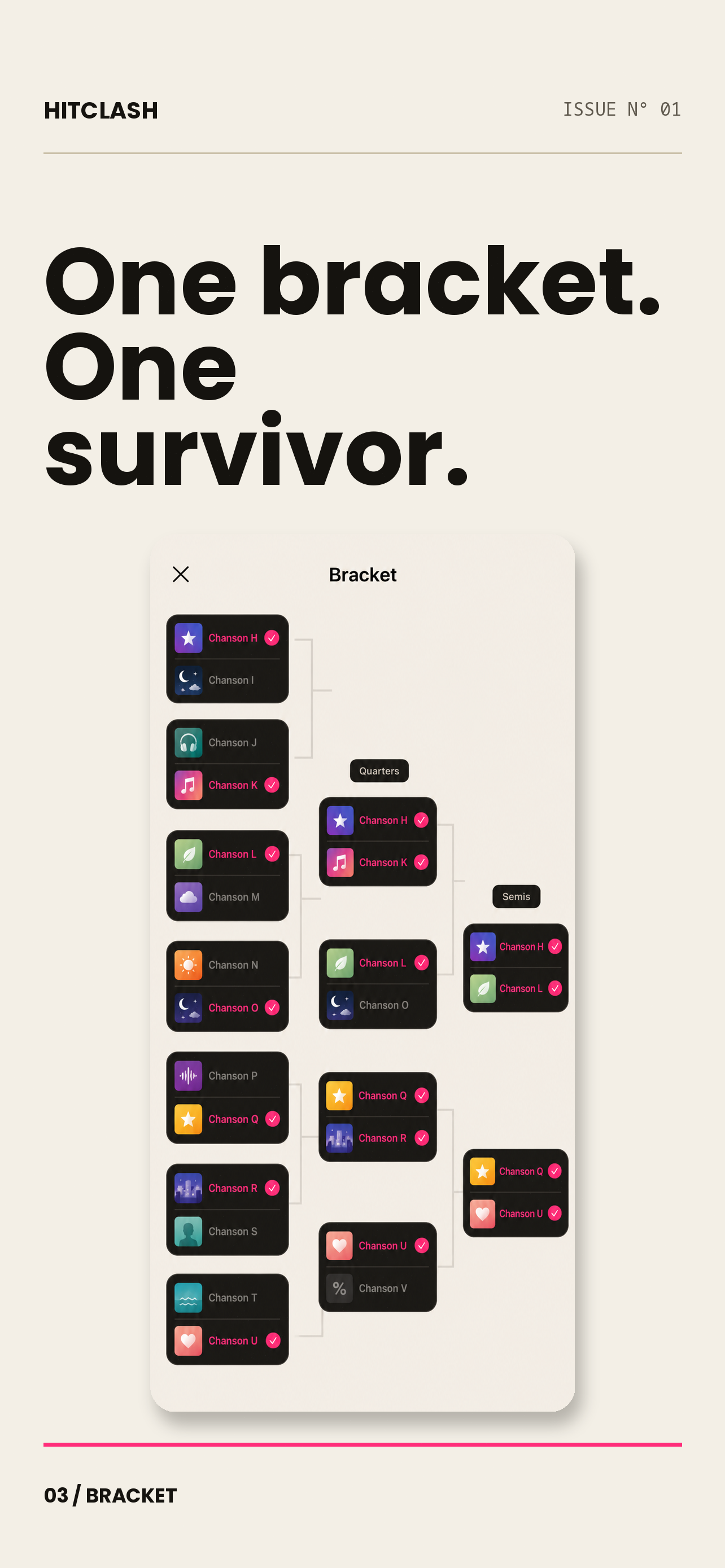 A complete HitClash bracket, from the opening duels to the champion track.