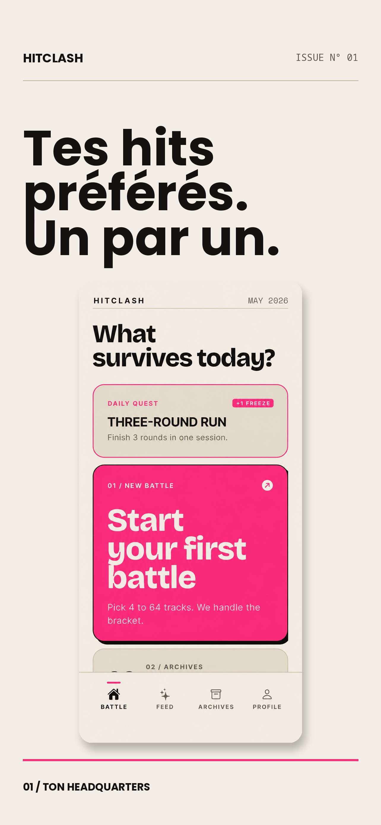 Accueil de l’app HitClash avec la quête du jour et le bouton pour lancer une battle.