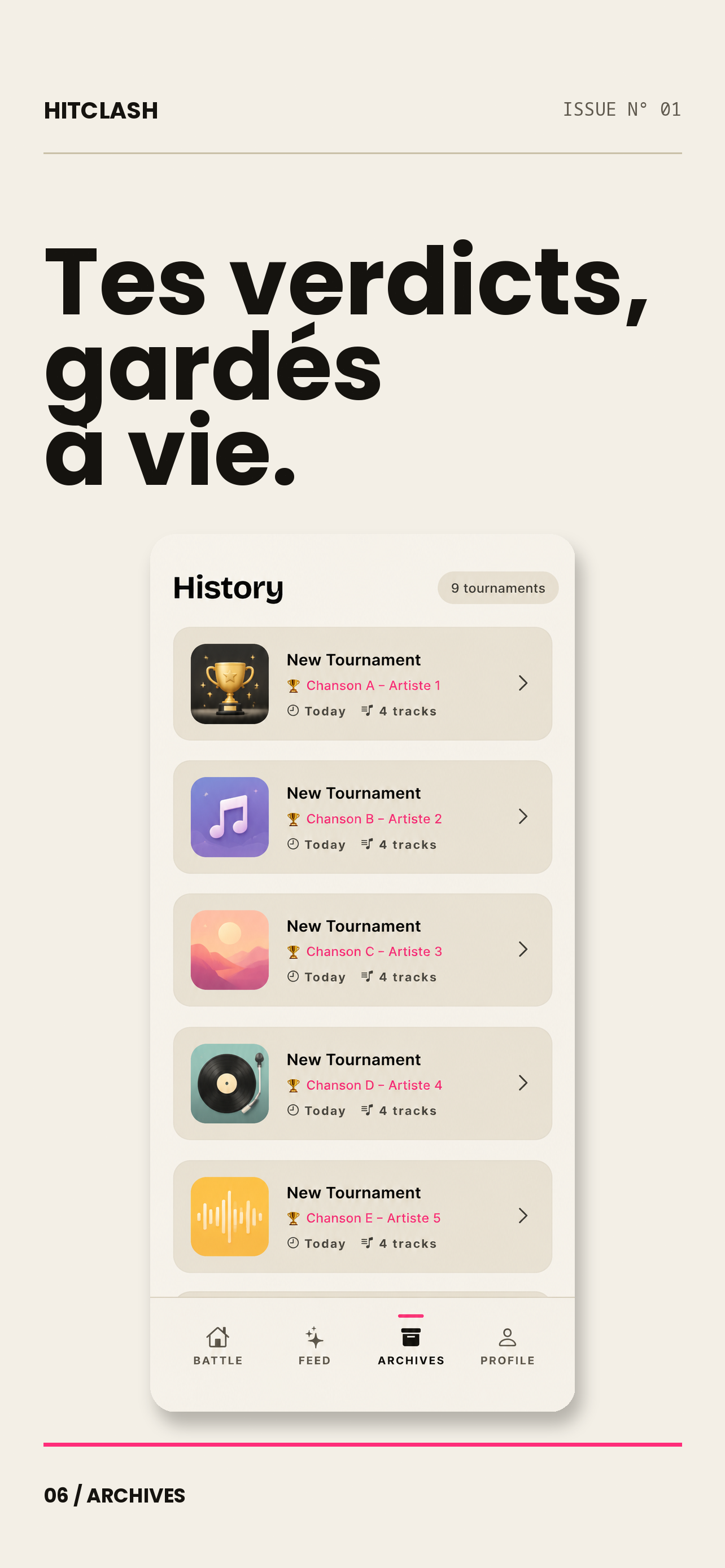Archives HitClash avec l’historique des tournois et leurs morceaux gagnants.